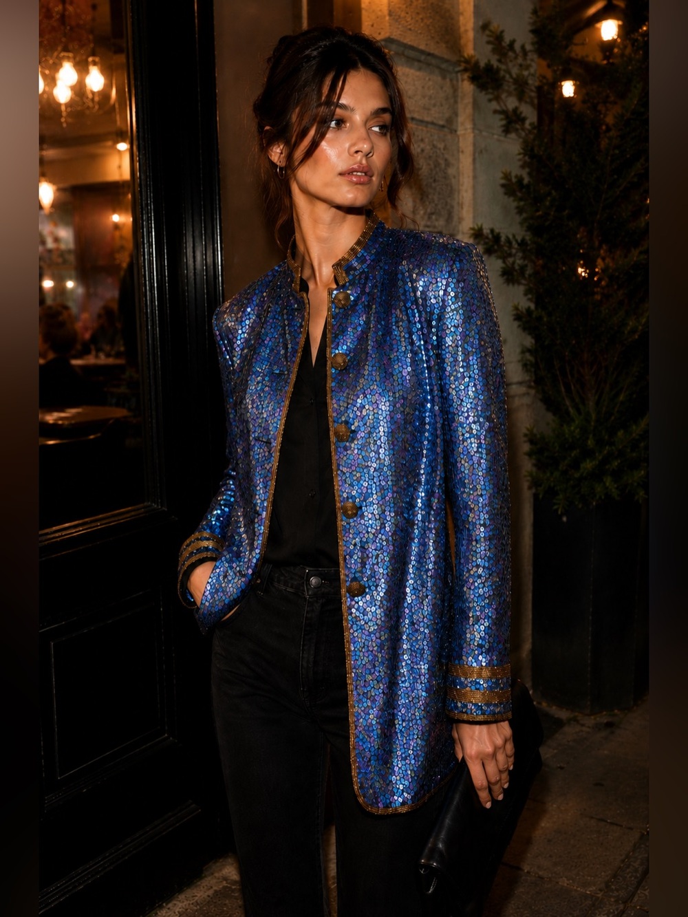 The Curated Sequin Collection Long Sleeve
blue & gold sequin blazer jacket